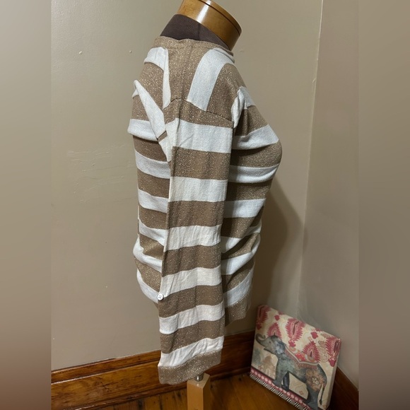 J Crew Metallic Gold White Wide Stripe Roll Tab LS Tee Pima Cotton Wool Size Sm - Picture 2 of 7